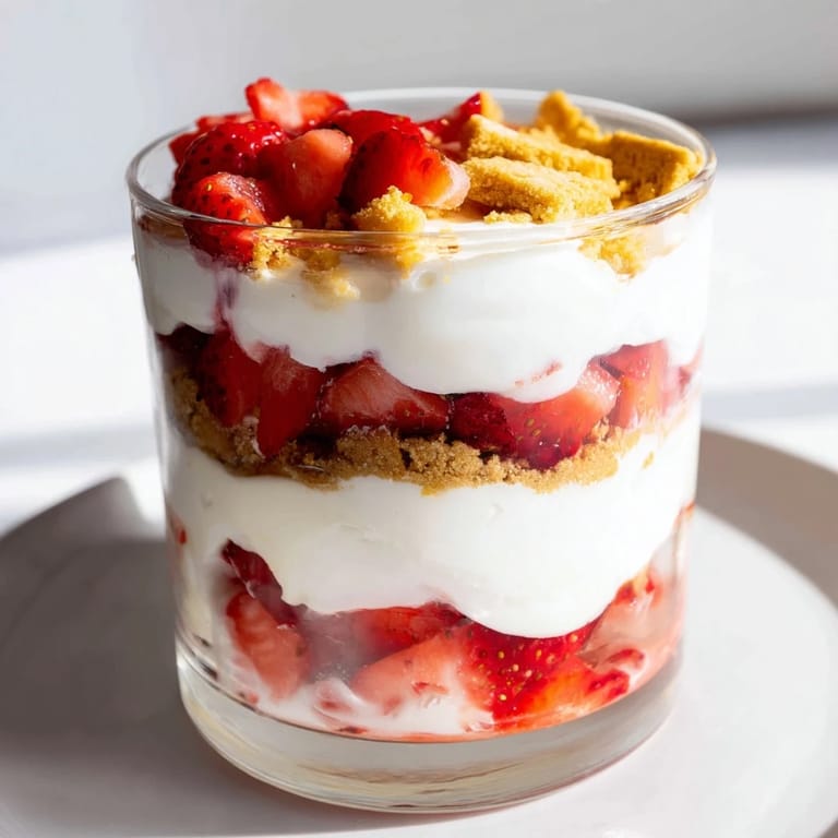 Beautifully layered Strawberry Cheesecake Parfait features sweet strawberries, creamy cheesecake filling, and crunchy cookie topping.