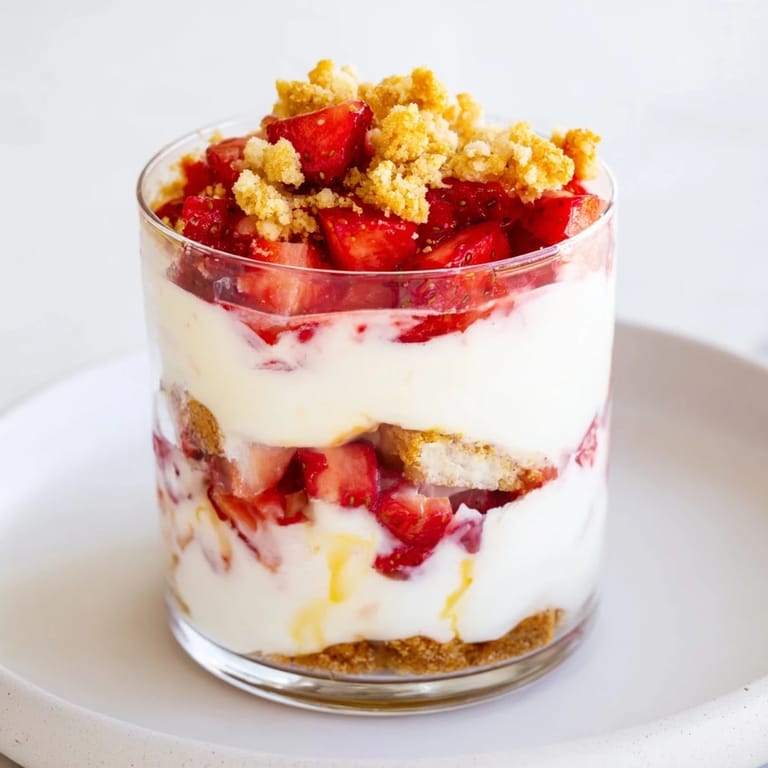 Enjoy a layered Strawberry Cheesecake Parfait: a delightful, no-bake dessert with sweet strawberries and rich cream cheese.