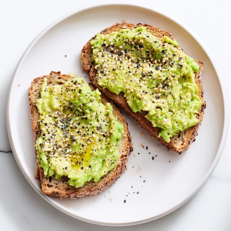 Golden-brown avocado toast with everything seasoning, ready to eat, boasting a satisfying crunch and savory taste.