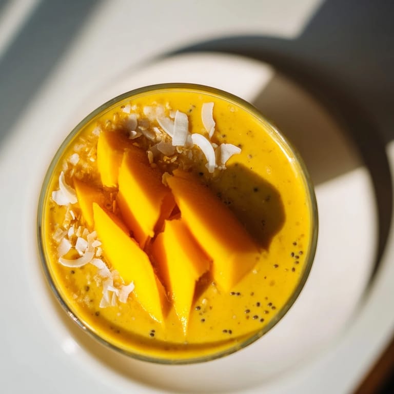 Cooling down with a refreshing mango turmeric smoothie, perfect for a vegan breakfast.