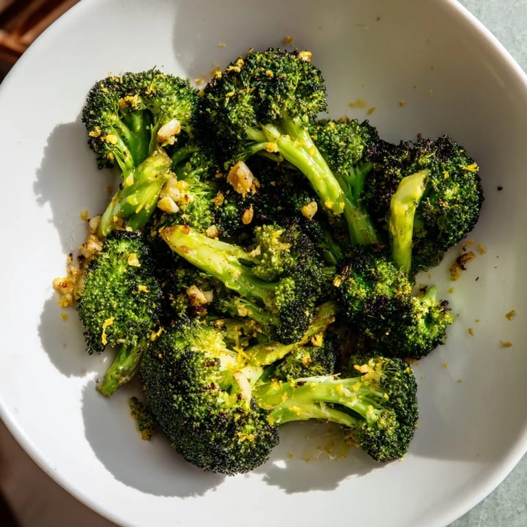 Tender-crisp Lemon Garlic Roasted Broccoli tossed with lemon juice, a healthy and flavorful side.