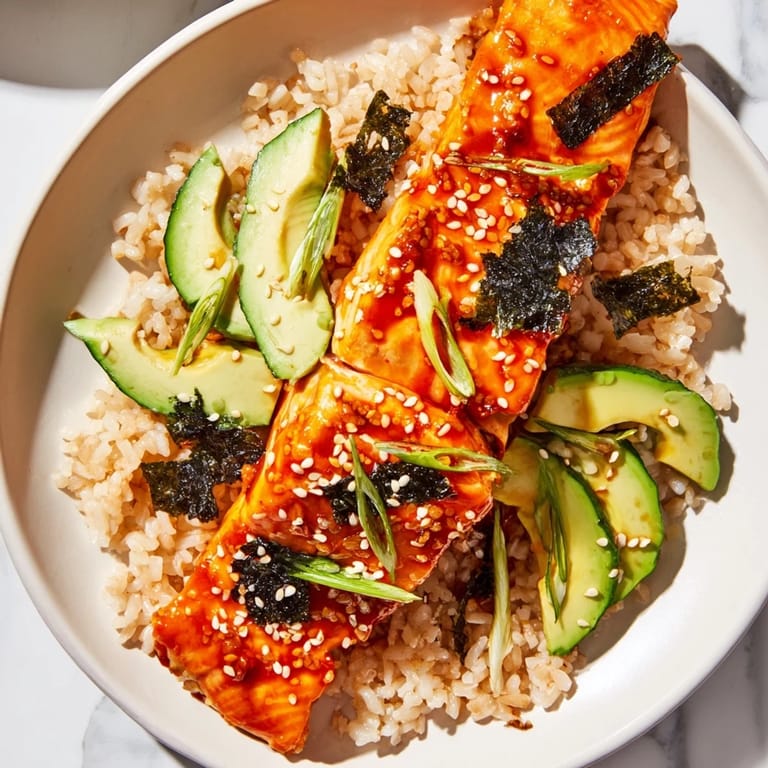 Enjoy the visually stunning Emily Mariko-inspired gochujang salmon bowl: flaky salmon, fresh veggies, and savory glaze.