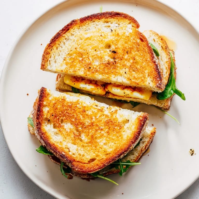 Melted halloumi spilling from a Crispy Halloumi Grilled Cheese sandwich, served with fresh greens.