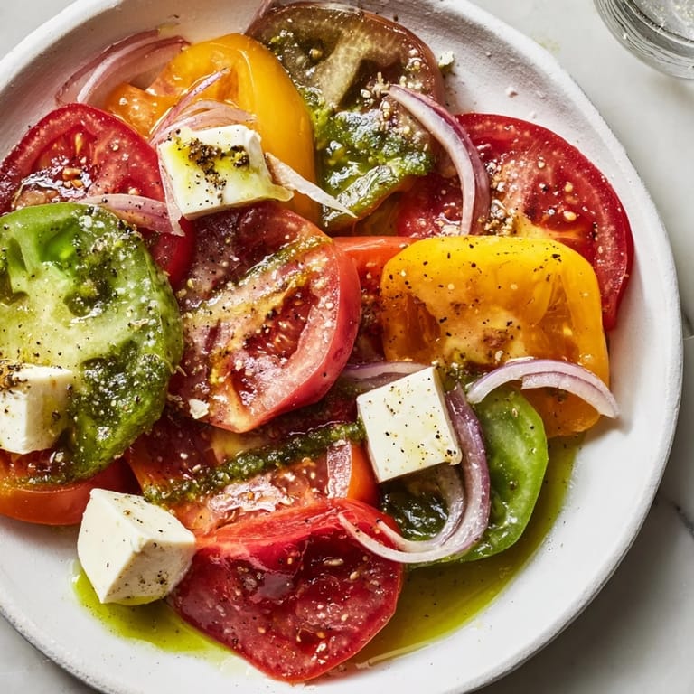 Heirloom tomatoes and fresh mozzarella star in this Summer Tomato Salad with bright basil oil dressing.