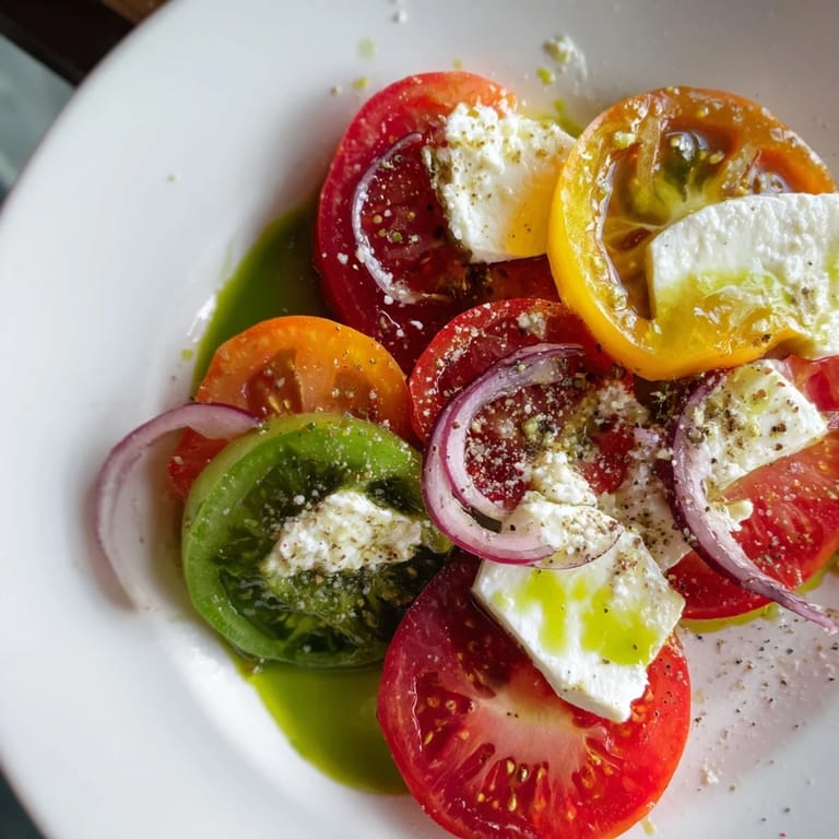 This beautifully arranged Summer Tomato Salad is complete with fresh basil oil drizzled over the colorful tomatoes.