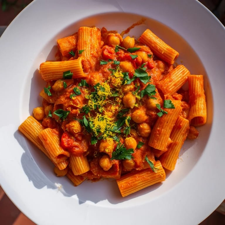 A close-up of flavorful harissa chickpea pasta, perfectly coated with the rich tomato-harissa sauce.