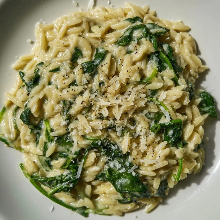 A bowl of Creamy Spinach Orzo, a comforting vegetarian meal with a delightful creamy texture.