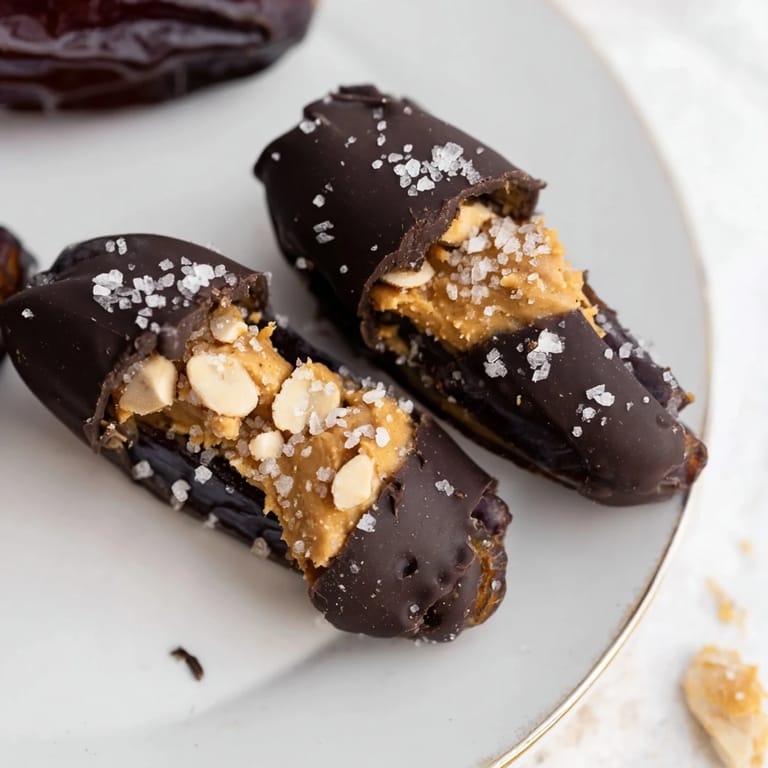 These homemade Chocolate Date Snickers feature a creamy peanut butter filling and crunchy peanuts.
