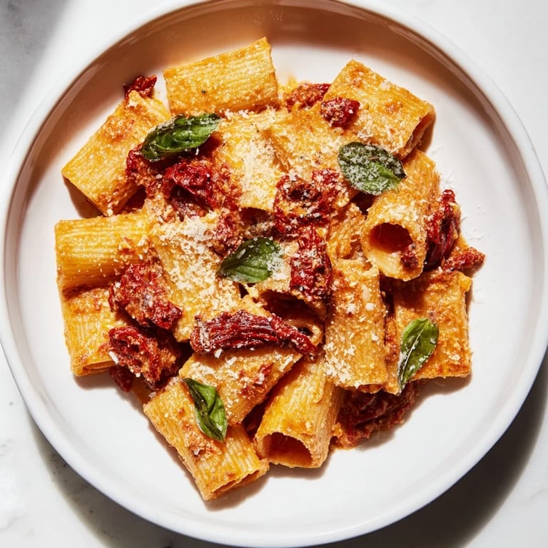 Warm, appetizing close-up of creamy sun-dried tomato pasta, ready to serve with Parmesan.