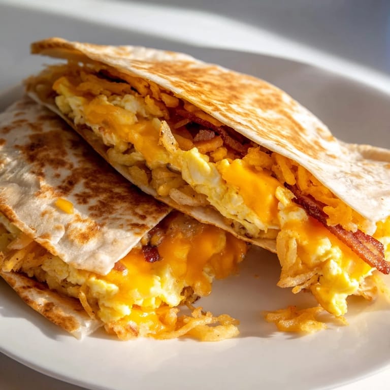 Perfectly folded, crispy breakfast Crunchwrap Hack showcasing eggs, cheese, and hash browns—a tasty morning wrap.