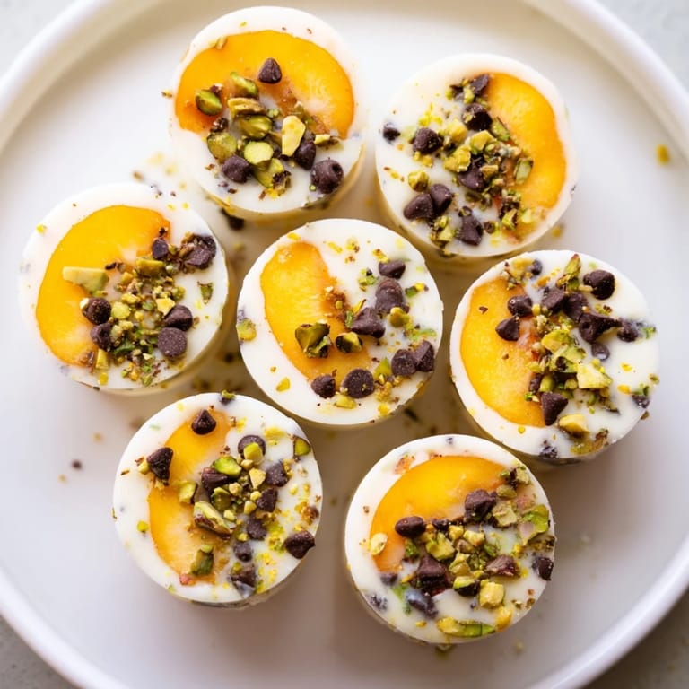 Cool, bite-sized Frozen Peach Yogurt Bites, perfect for a healthy and satisfying snack on a warm afternoon.