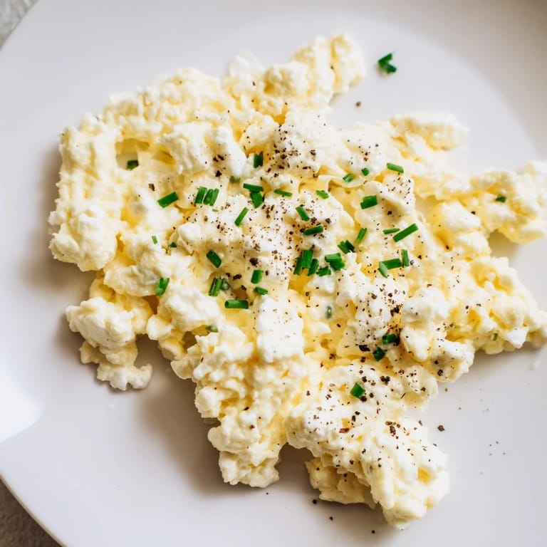 A close-up of perfectly cooked cottage cheese scrambled eggs, sprinkled with fresh chives, a flavorful start.