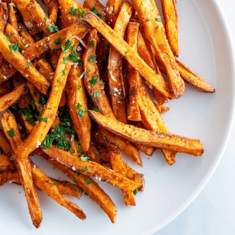 Close-up of freshly cooked Cajun Spiced Sweet Potato Fries, seasoned with herbs for a flavorful lunch.