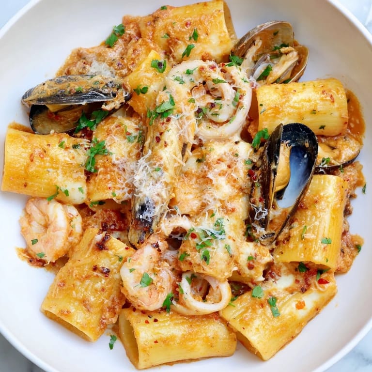 This creamy Seafood Pasta Bake displays tender seafood mixed with perfectly baked pasta and cheesy topping.