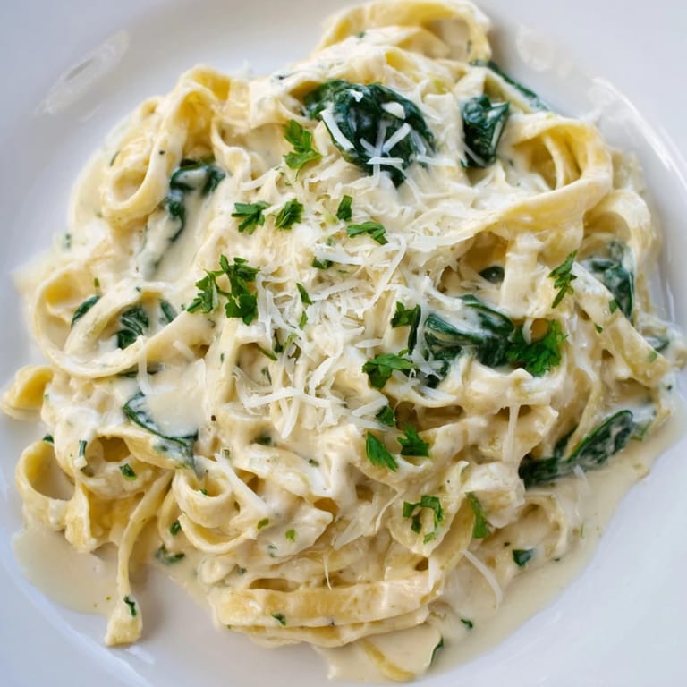 Delicious Creamy Spinach Fettuccine Alfredo, featuring wilted spinach and rich, creamy Alfredo sauce, ready to serve.