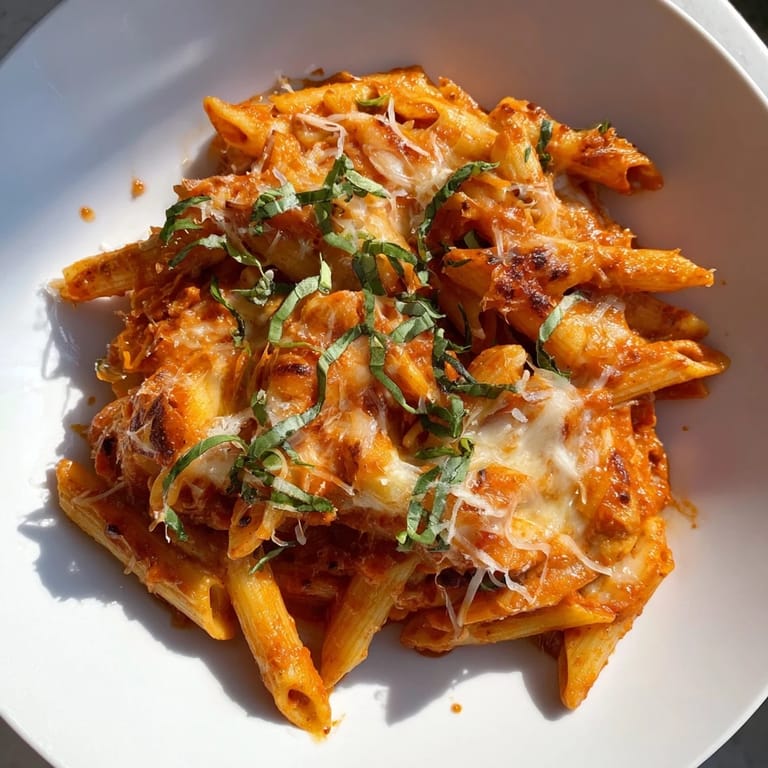 Steaming Baked Penne Arrabbiata, a comforting baked pasta with a spicy, rich tomato base.