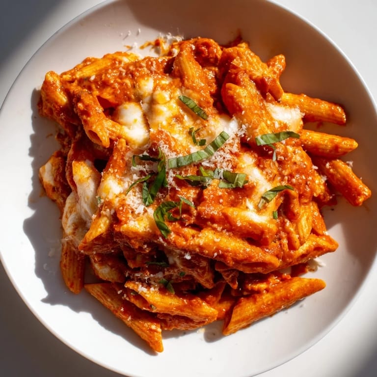 A close-up of cheesy, savory Baked Penne Arrabbiata, ready to serve with fragrant basil.