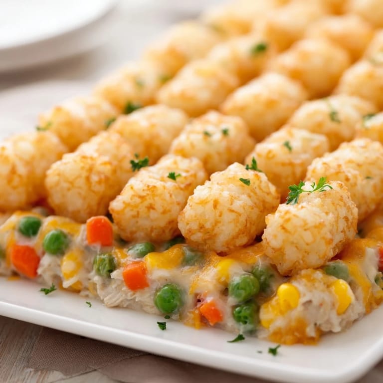 Delicious Crispy Tater Tot Casserole, baked until bubbling and crispy, is a family-style comfort dish.