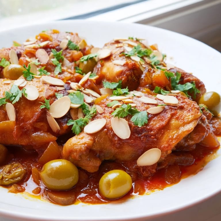 Hearty Moroccan Tagine Chicken with golden chicken and a rich, spiced tomato sauce.