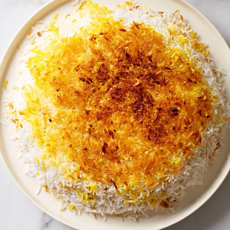 A close-up of a flavorful Persian Tahdig rice, showcasing its fluffy rice and crackly bottom.