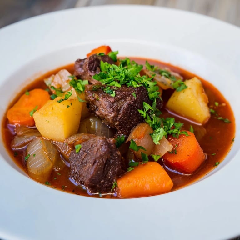 Close-up of golden-brown Irish Beef Stew, with savory aromas and fresh parsley garnish.