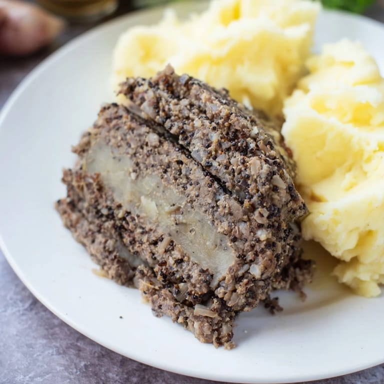 Close-up of a rustic plate featuring golden Scottish haggis with a side of traditional accompaniments.