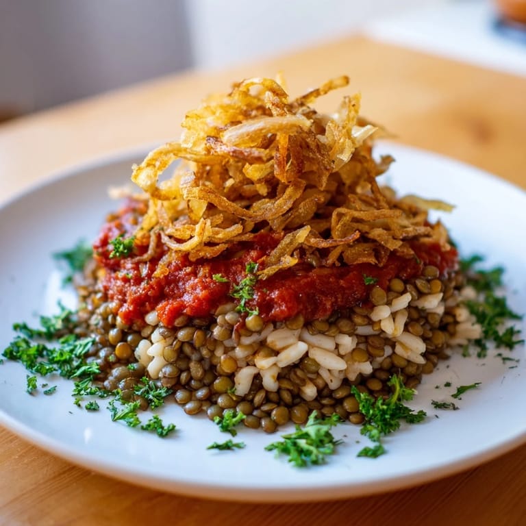 Golden, crispy onions crown the vibrant tomato-sauced Egyptian Koshari, a hearty vegan delight.