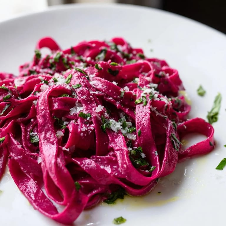 Homemade beet noodle pasta with fresh herbs and Parmesan, a delicious and colorful meal.