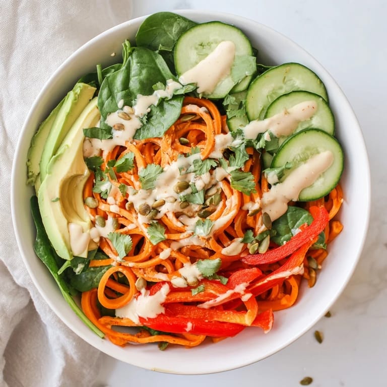 Beautiful, close-up shot of a Carrot Noodle Skincare Bowl showing fresh vegetables; great for a light lunch.