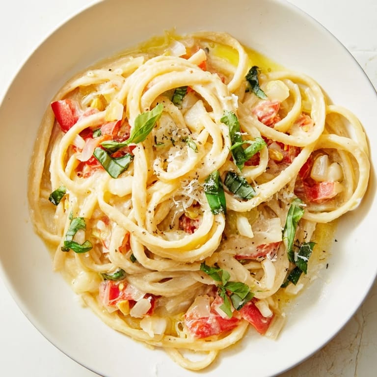 A close-up of finished, silky Roasted Garlic Pasta Sauce, a vegetarian Italian comfort food.