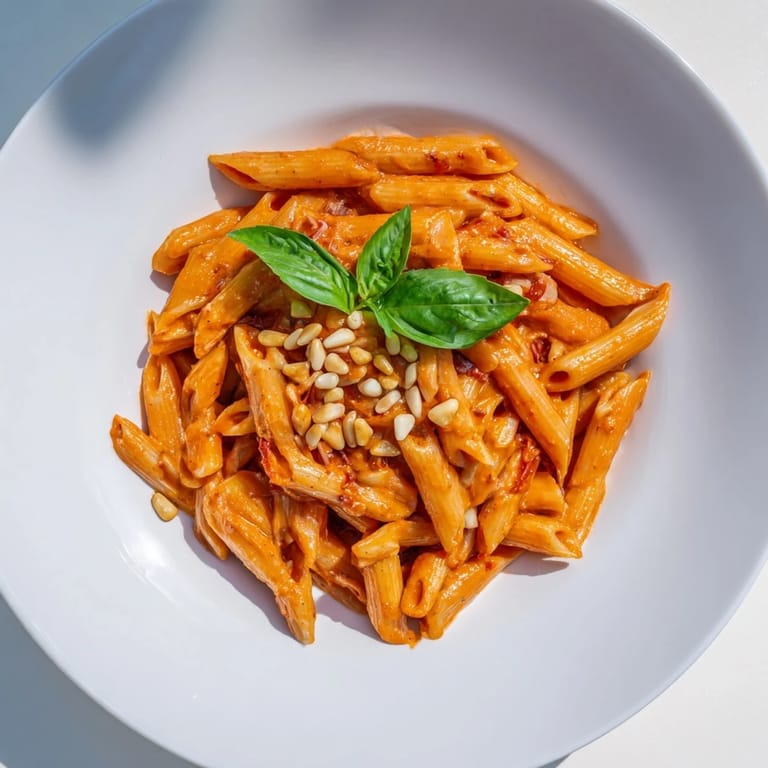 A close-up of finished sun-dried tomato pesto pasta, showcasing the rich, savory sauce and texture.