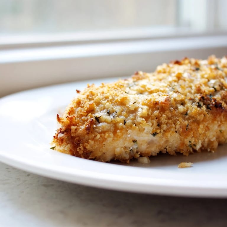 A close-up of tender Roasted Garlic Parmesan Chicken with a savory, golden Parmesan crust and melted butter drizzle.