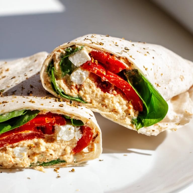 Freshly made Mediterranean Veggie Wrap filled with smoky roasted red peppers, crisp spinach, and tangy feta, ready for a quick lunch.  