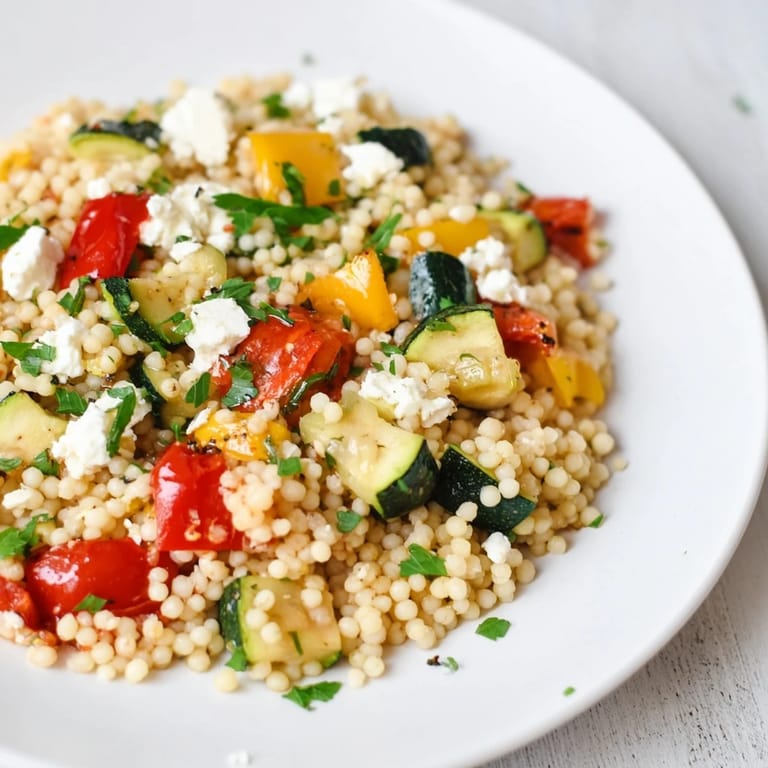 Roasted Veggie Couscous Salad served warm with fluffy couscous, caramelized vegetables, fresh parsley and mint, and a crumble of feta cheese on a rustic plate.