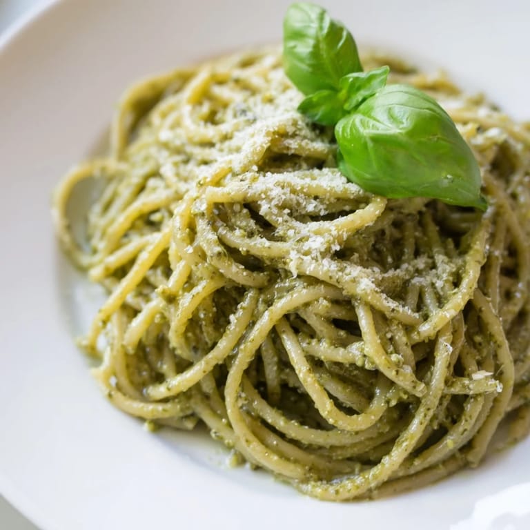Serving suggestion for Creamy Sunflower Seed Pesto Pasta in a shallow bowl, garnished with lemon wedges and a sprinkle of Parmesan.