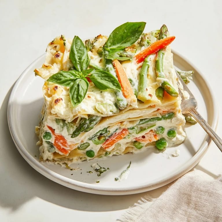 Freshly baked Spring Veggie Alfredo Lasagna served hot from the oven, garnished with bright basil leaves and melted cheese on top.