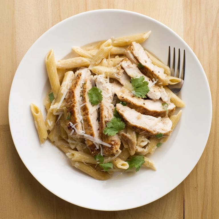 Savory honey chipotle chicken pasta served hot, drizzled with creamy sauce and extra Parmesan.
