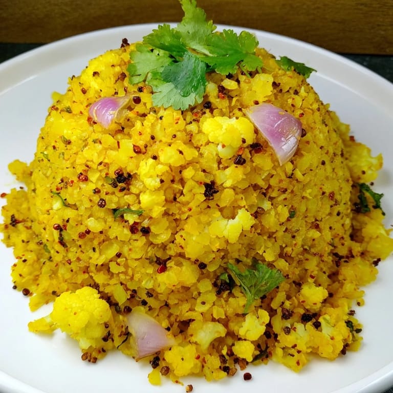 Turmeric cauliflower rice served warm in a white bowl, topped with cilantro and a lemon wedge.
