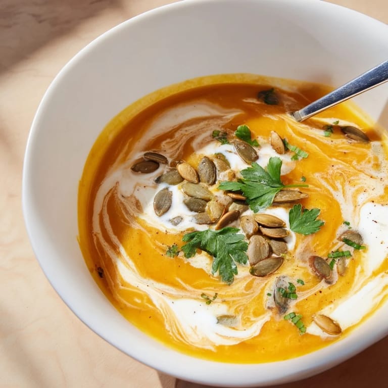 A warm bowl of Butternut Squash and Apple Soup garnished with pumpkin seeds and fresh parsley.