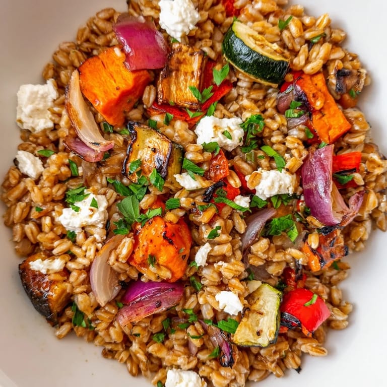 Warm Farro With Roasted Vegetables topped with fresh parsley and crumbled feta, ready to serve.