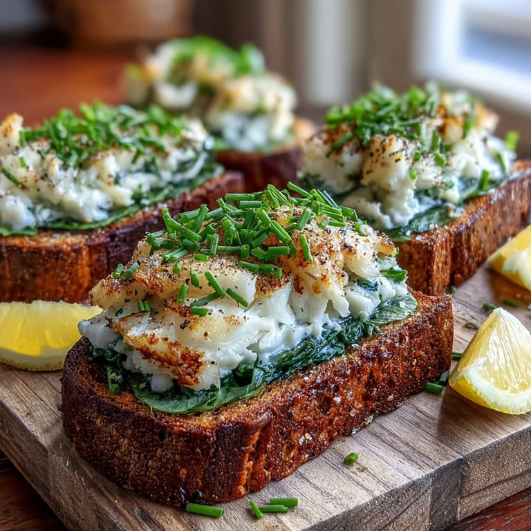 A close-up of Smoked Haddock and Spinach Rye Toasts, featuring fresh chives and lemon wedges on a rustic wooden board.