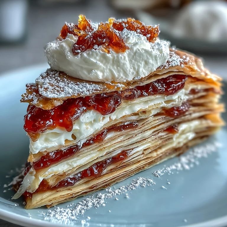 A beautifully layered Blood Orange Curd Crêpe Cake features soft crêpes, tangy blood orange curd, and whipped cream, creating a stunning presentation.