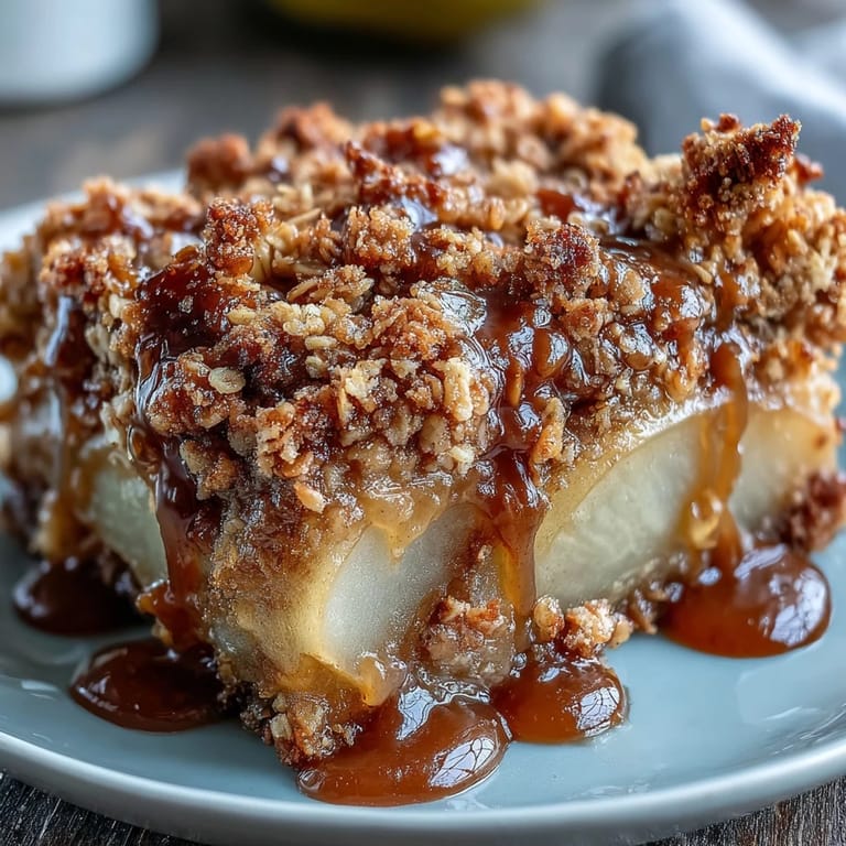 Close-up of warm pear crumble, revealing tender cinnamon-spiced pear filling beneath a buttery oat crumble topping.