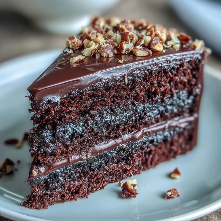 This decadent chocolate celebration cake features a rich olive oil crumb and glossy ganache, perfect for birthdays or special events.