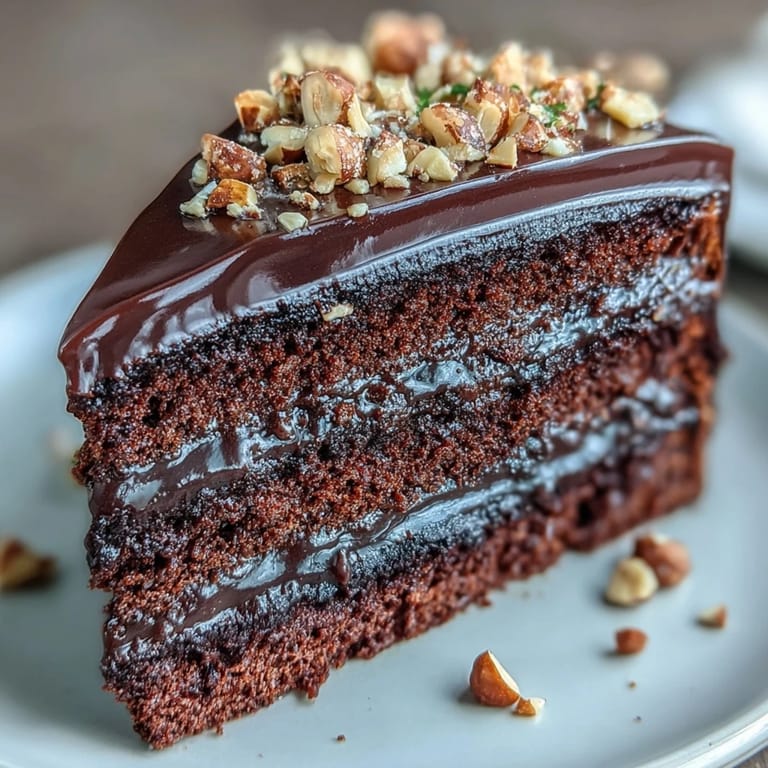 A close-up of a chocolate celebration cake, decorated with hazelnut praline shards, ready to serve with fresh espresso or berries.