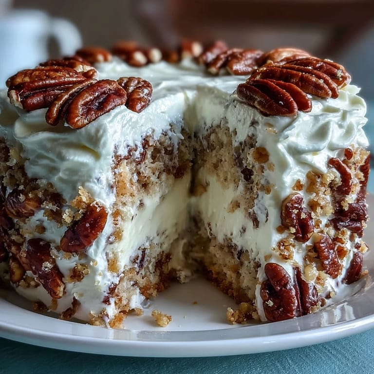 A slice of Butter Pecan Tres Leches Cake features fluffy whipped cream and a drizzle of rich buttery pecan topping.