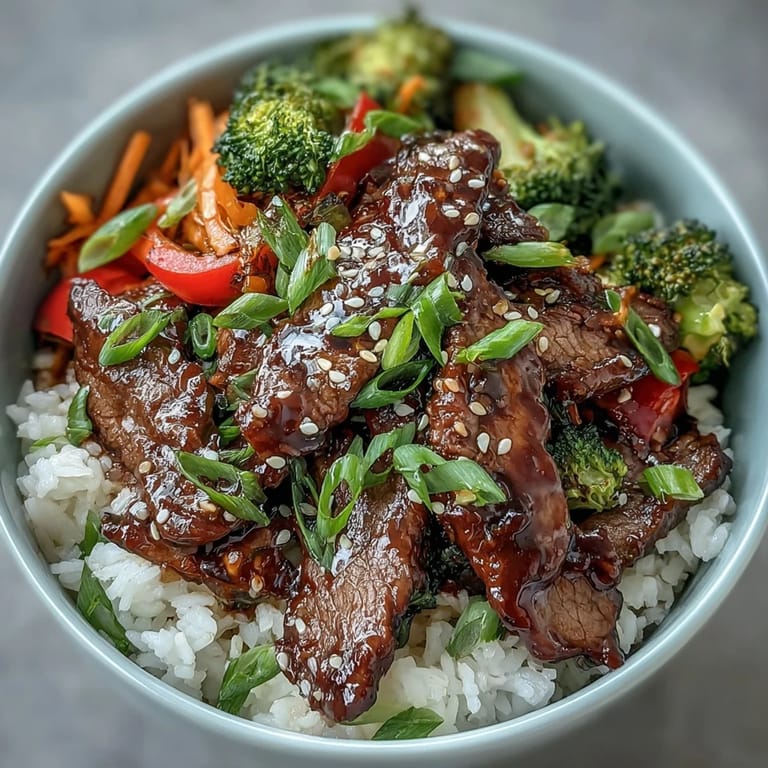 A close-up of homemade Teriyaki Beef Bowl with colorful carrots, broccoli, and bell peppers, ready to serve for dinner.