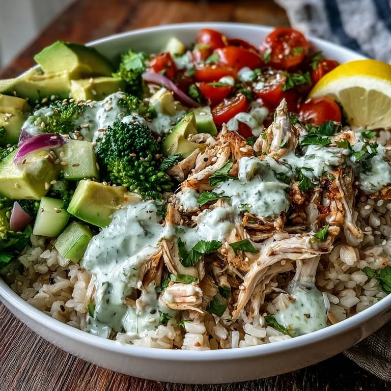 Hearty grains, juicy tomatoes, and sliced avocado create a nutritious Rotisserie Chicken Bowl, finished with fresh cilantro and sesame seeds.