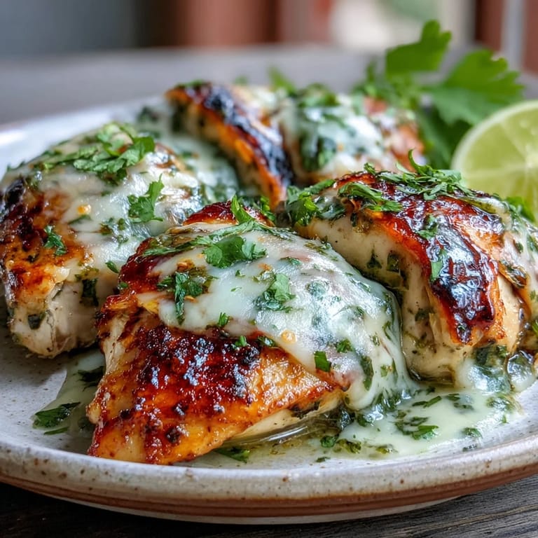 Sizzling Grilled Salsa Verde Pepper Jack Chicken fresh off the grill, topped with creamy melted cheese.
