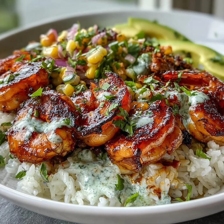 Creamy garlic sauce drizzled over grilled shrimp, avocado, and corn salsa in a bowl.